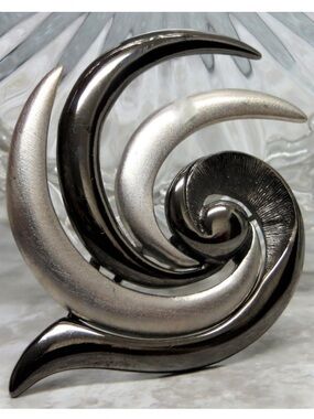 Vintage Signed Tara© Modernist Abstract Swirl Brooch Silver Tone Gunmetal Pin